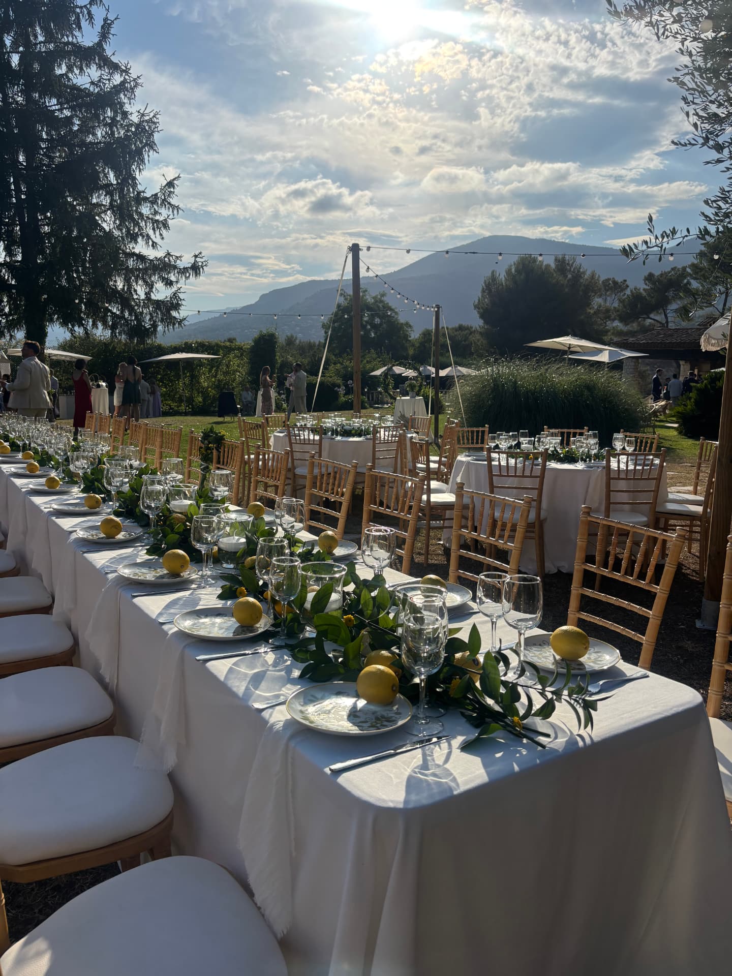 Longue table de banquet dressée aux citrons et au feuillage au Mas Baïeta